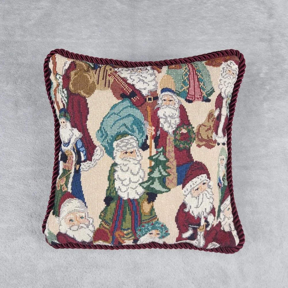 Vintage Tapestry Folk Santa Claus Christmas Emarald Green Throw Pillow 11”x11”